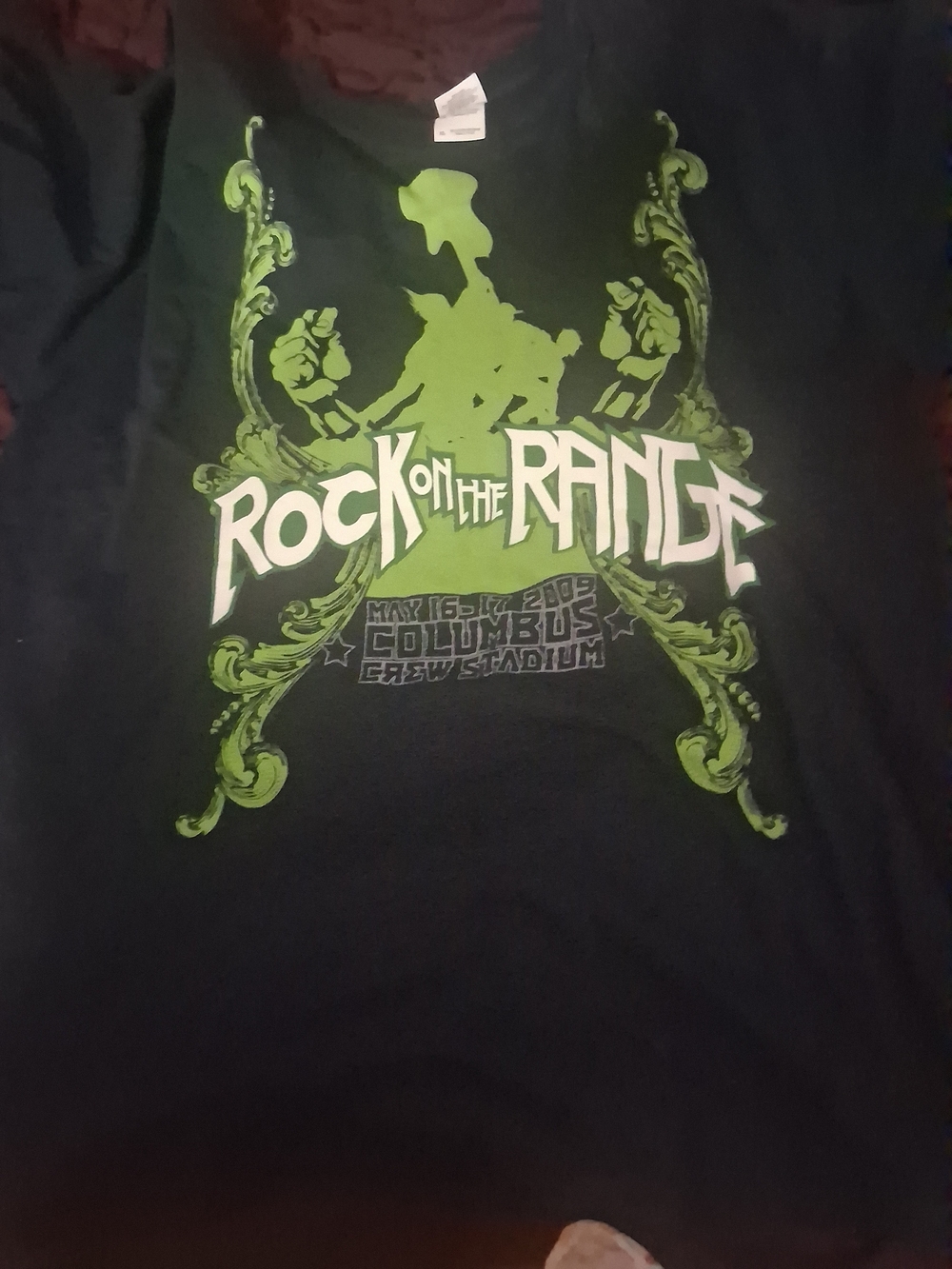 Gildan Black Tee with Neon Green 'Rock on the Range' Graphic Vintage 2009
